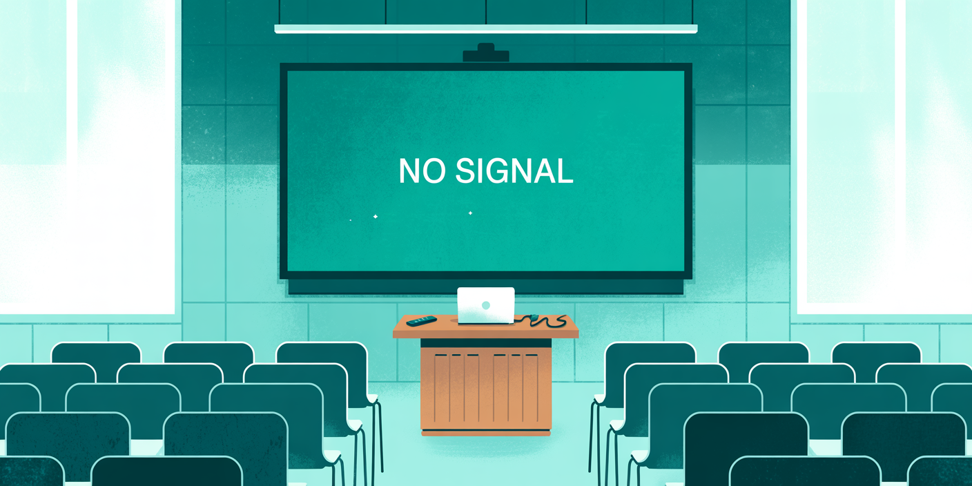 An empty lecture hall with a large screen that says "No signal"